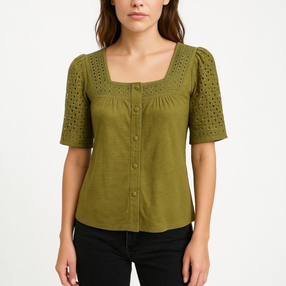 NEW Jane Delancey Green Embroidered Eyelet Short Puff Sleeve Blouse Top Size M